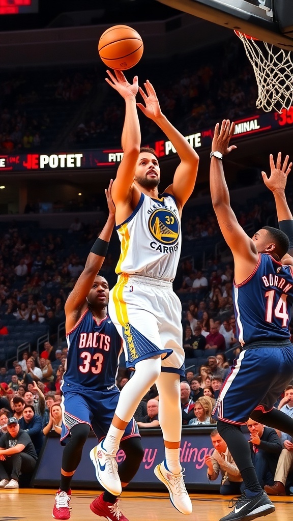 Stephen Curry shooting a 3-pointer in a basketball game, with fans in the background.